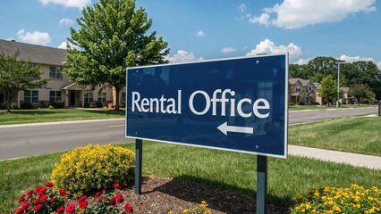 Rental Office sign with an arrow pointing left on a sunny day near residential buildings.