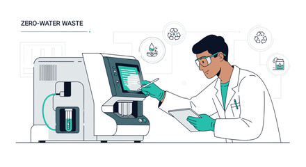 Illustration depicting a scientist utilizing advanced technology in a zero-water waste system