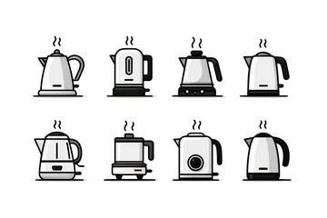Illustration of collection of various electric kettle and coffee maker appliances in black and white isolated on transparent background