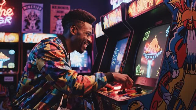 black man playing arcade game in neon-lit retro arcade, intense focus on joystick, colorful cabinet graphics, cheering after big win, stylish patterned jacket, vintage posters and glowing screens,