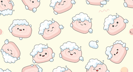 Obraz premium Delightful and cheerful seamless pattern showcasing cute cartoon soap bars with playful bubbles and charming facial expressions, on a light yellow background.