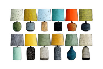 Illustration of collection of colorful lamps with various shapes and patterns isolated on transparent background