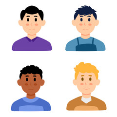 Fototapeta premium A vector illustration of four diverse male avatars with friendly expressions. They feature various hair styles, skin tones, and clothing, showcasing inclusivity in a clean, flat design style.