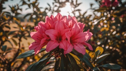 A pink flower cluster with green leaves, illuminated by sunlight, in an outdoor setting.