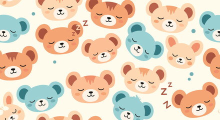 Obraz premium Adorable and calming seamless pattern featuring numerous cute cartoon sleeping bear faces in gentle blue and brown hues, perfect for nursery decor.