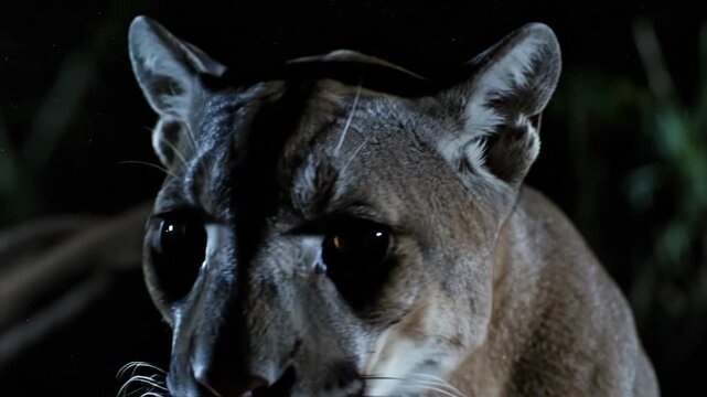 Close up profile of a wild cougar's face with water droplets on its fur under dramatic moonlight illumination with dark blurred jungle foliage in the background and sharp detail on its fur and