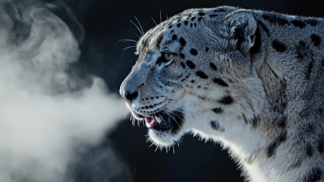 Close up of a majestic snow leopard in profile exhaling visible breath against a dark blurred background with delicate ice crystals on its fur and soft rim lighting highlighting its features creating