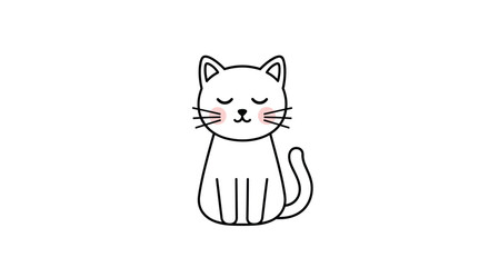 Obraz premium Cute minimalist white cat sits upright with a calm expression closed eyes and pink cheeks in a clean simple line drawing intended for feline charm and serenity.