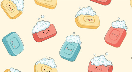 Playful illustrated bars of soap with smiling faces and foamy tops scattered on a soft beige background create a cheerful bath time scene.