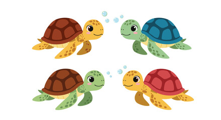Four friendly cartoon turtles swim together in a bright playful scene with colorful shells and cheerful expressions as bubbles rise in clear water.