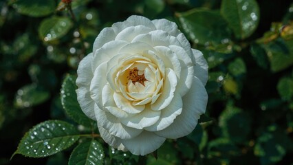 White rose blossom with dew drops on green leaves. Nature and floral beauty, garden and outdoor, plant and botany, freshness and natural environment.