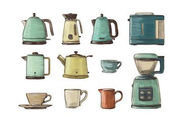 Illustration of vintage kitchen appliances and coffee cups on transparent background