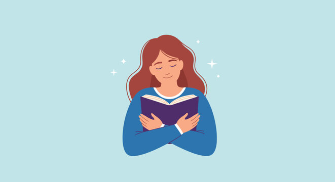 Calm reader holds a book close with eyes closed and a gentle smile as soft light surrounds her and stars sparkle in background in a peaceful moment of reading.