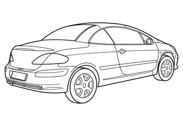 City coupe convertible sport car. Style of 90s, 00s. Different five view shot - front, rear, side and 3d. Outline doodle vector illustration