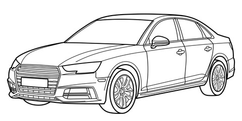 Classic business class sedan car. 4 door car on white background. Side view shot. Outline doodle vector illustration