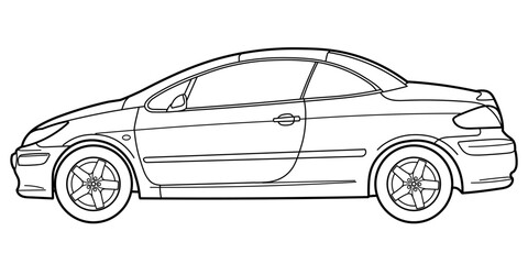City coupe convertible sport car. Style of 90s, 00s. Different five view shot - front, rear, side and 3d. Outline doodle vector illustration