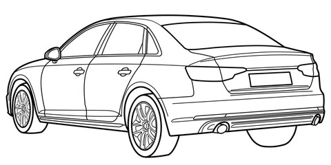 Classic business class sedan car. 4 door car on white background. Side view shot. Outline doodle vector illustration