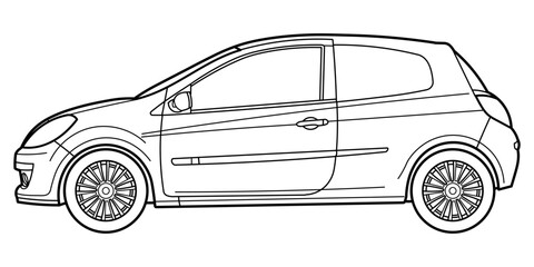 Outline drawing of a hatchback car from side view. Classic style of 80s, 90s. Vector outline doodle illustration. Design for print or color book