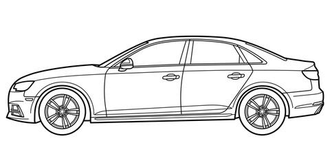 Classic business class sedan car. 4 door car on white background. Side view shot. Outline doodle vector illustration