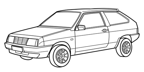 Outline drawing of a hatchback car from side view. Classic style of 80s, 90s. Vector outline doodle illustration. Design for print or color book