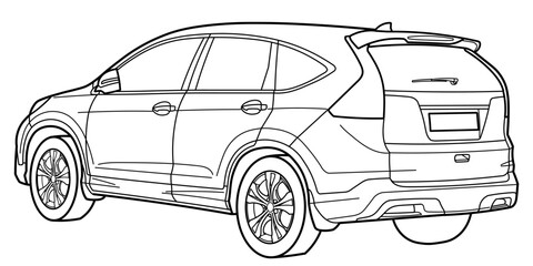 Classic luxury suv car. Crossover car front view shot. Outline doodle vector illustration. Design for print, coloring book.