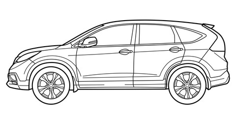 Classic luxury suv car. Crossover car front view shot. Outline doodle vector illustration. Design for print, coloring book.