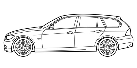 classic station wagon. Different five view shot - front, rear, side and 3d. Outline doodle vector illustration