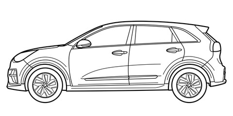 Classic luxury suv car. Crossover car front view shot. Outline doodle vector illustration. Design for print, coloring book.