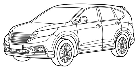 Classic luxury suv car. Crossover car front view shot. Outline doodle vector illustration. Design for print, coloring book.