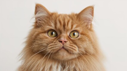 Close-up of a fluffy orange cat with green eyes and a serious expression. Animal portrait, domestic pet, feline.