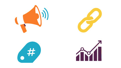 Digital marketing icons representing promotion link building hashtag use and upward growth analytics data on transparent background