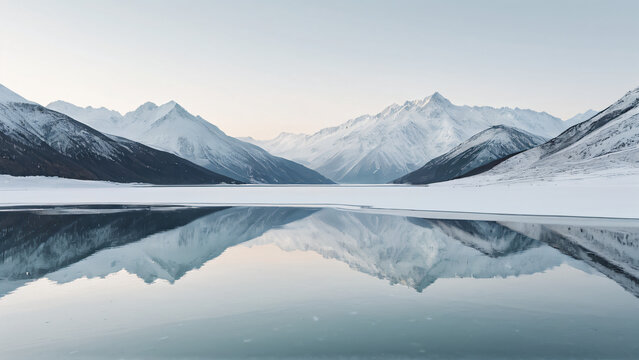 Stille Winterlandschaft &ndash; Majest&auml;tische, schneebedeckte Berge spiegeln sich im ruhigen, eisigen Gew&auml;sser wider