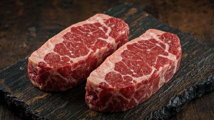 Obraz premium Fresh raw beef steaks on a dark wooden board.