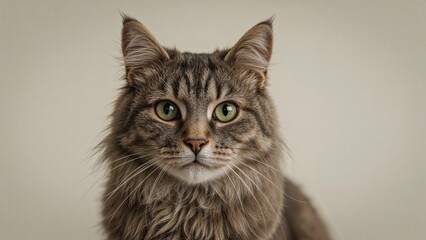 Obraz premium Close-up of a domestic cat with green eyes and long fur, facing forward. Pet and animal, feline, cute and adorable. The concept of pets and animals.