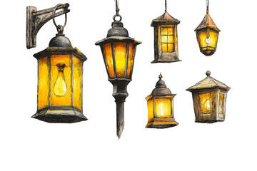 Illustration of collection of vintage style lanterns and street lamps with warm lighting isolated on transparent background