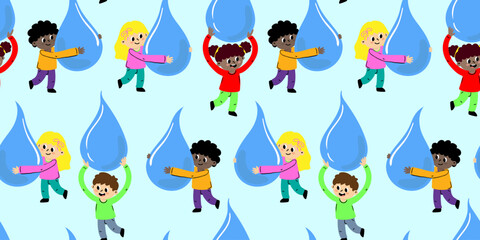 cute seamless pattern of cartoon kids carrying large water drops repeat background world water day conservation print design ecological awareness