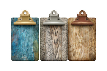 Illustration of three wooden clipboards with different colored metal clips on transparent background