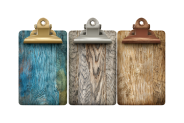 Illustration of three wooden clipboards with different colored metal clips on transparent background