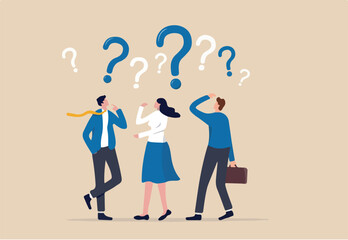 Confused people with confusion problem or doubt, lost in trouble or complexity, complicated questions or misunderstanding concept, businessman and businesswoman with many of confused question marks