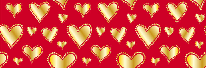 seamless red background pattern with repeating shiny gold filigree hearts and tiny triangular ornamental border valentines day celebration love romantic design