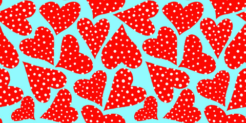 seamless cute pattern with scattered red polka dot hearts on a bright neon blue background baby shower birthday valentines day and playful kids textile print