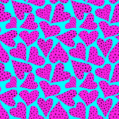 bright seamless pattern with pink polka dot hearts on neon blue background modern abstract texture wallpaper design for valentine day