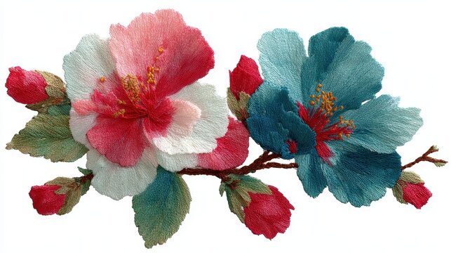 Bright floral embroidery design showing detailed red and blue flowers with green leaves on a white background ideal for textile applications and craft projects