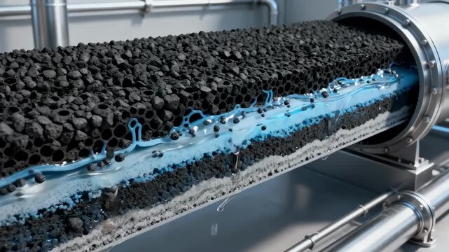 Medium shot of activated carbon filters capturing micropollutants in pharmaceutical wastewater treatment systems. Closeup view on filtration media in action.