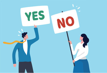 Yes, No argument or disagreement, conflict fight debate, dilemma, dispute or office rivalry war, struggle, negative discussion concept, businessman and woman arguing or fight with yes and no sign