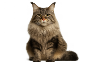 Maine coon cat sitting, looking at camera, long fluffy fur, domestic pet animal, transparent background