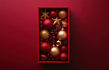 Elegant Christmas ornament arrangement featuring red and gold baubles in a stylish box on a festive background