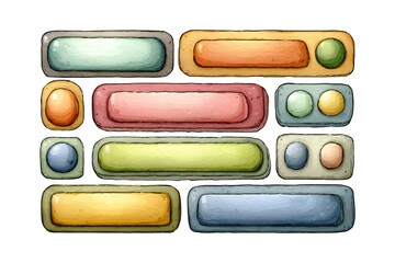 Illustration of colorful web buttons and icons set isolated on transparent background for interface design