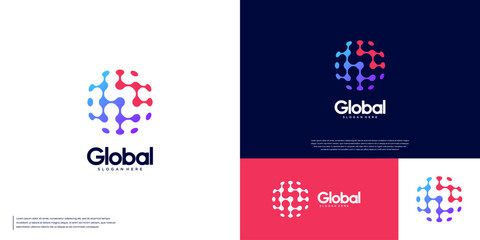 global tech logo with a series of pixels, circular shape, digital network connection symbol, graphic design template.