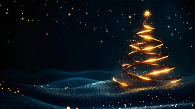 Abstract golden light forming a christmas tree on a dark blue background with sparkling bokeh. Representing holiday celebration and magic